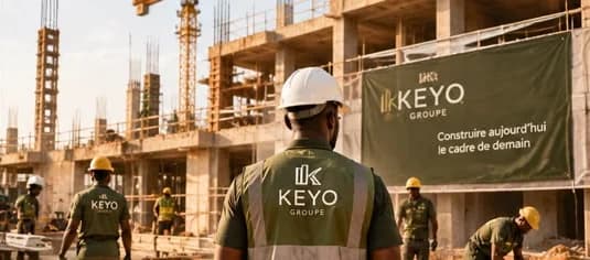 Un ouvrier en gilet et casque KEYO devant un immeuble en construction
