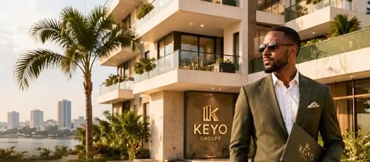 Un homme en costume, un dossier KEYO à la main, devant une résidence au bord de la lagune