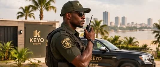 Un agent de sécurité en uniforme KEYO, talkie-walkie en main, devant l’entrée d’une résidence